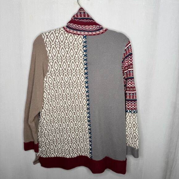 COLDWATER CREEK / red blue tan mixed media abstract patchwork sweater / XL - Picture 2 of 8